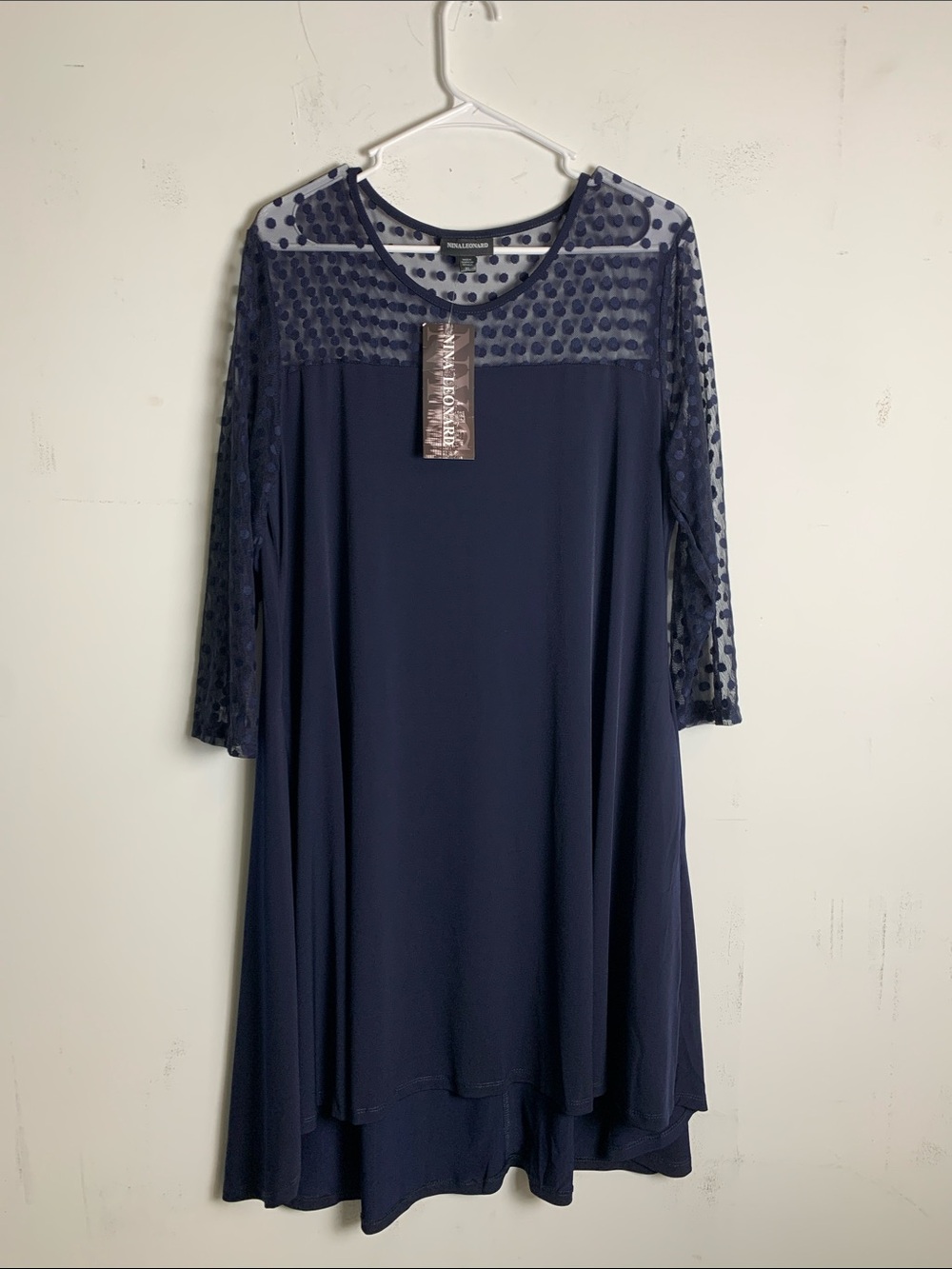 Nina Leonard Navy Polka Dot Mesh Yoke Long Sleeve Dress